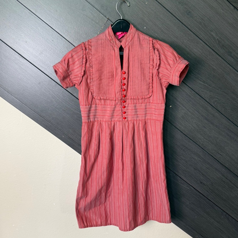 Dear Heart Red Textured Pintuck Button Front Mini Dress Size 6 Cottagecore